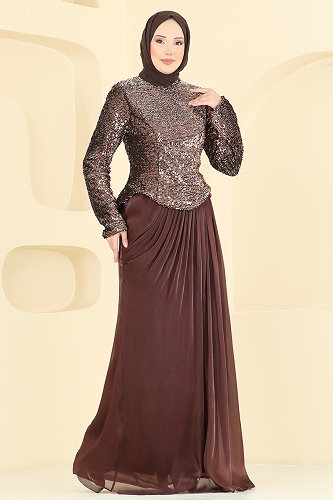 moda selvim فستان سهرة بني 203DMNK1166 - Thumbnail