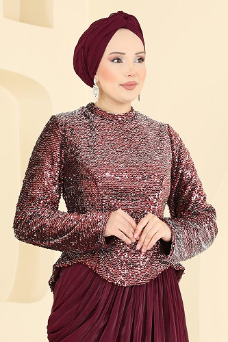 moda selvim Evening Dress 203DMNK1166 Burgundy - Thumbnail