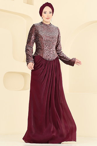 moda selvim فستان سهرة خمري 203DMNK1166 - Thumbnail