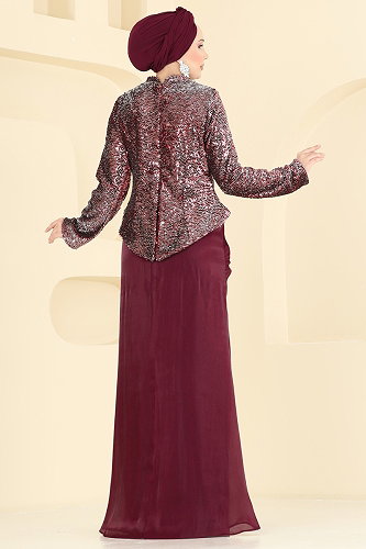 moda selvim فستان سهرة خمري 203DMNK1166 - Thumbnail