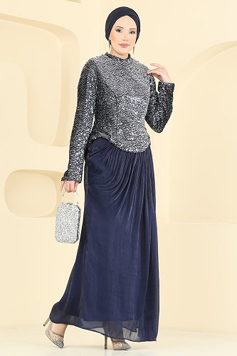 moda selvim Evening Dress 203DMNK1166 Navy Blue - Thumbnail
