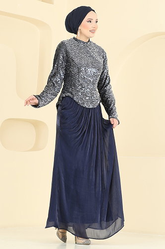 moda selvim فستان سهرة كحلي 203DMNK1166 - Thumbnail