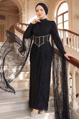 moda selvim Evening Dress 211DMNK1166 Black - Thumbnail