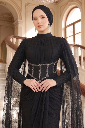 moda selvim فستان سهرة أسود 211DMNK1166 - Thumbnail