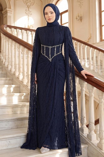 moda selvim Evening Dress 211DMNK1166 Navy Blue - Thumbnail