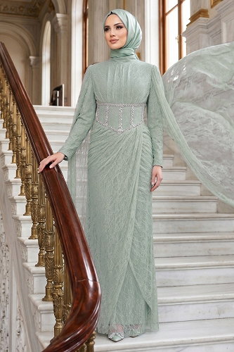 moda selvim Evening Dress 211DMNK1166 Water Green - Thumbnail
