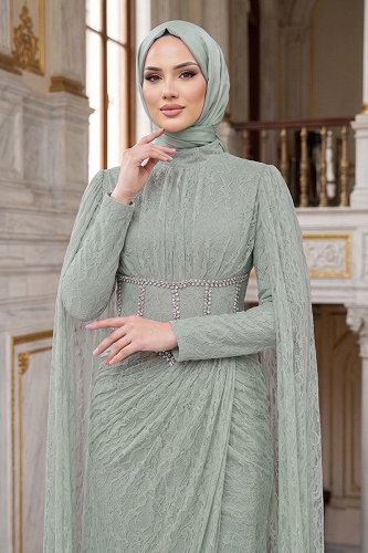 moda selvim Evening Dress 211DMNK1166 Water Green - Thumbnail