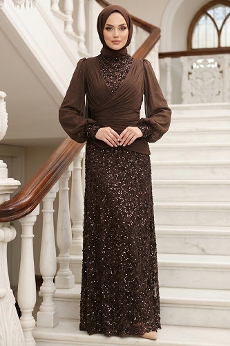 moda selvim Evening Dress 213DMNK1166 Bitter Brown - Thumbnail