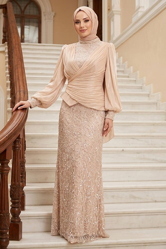 moda selvim فستان سهرة كريمي 213DMNK1166 - Thumbnail