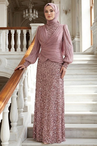 moda selvim Evening Dress 213DMNK1166 Rose Dried - Thumbnail