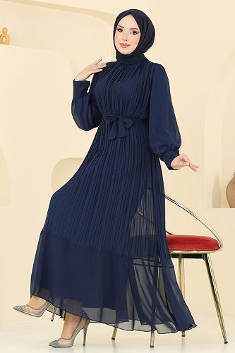 moda selvim فستان سهرة كحلي 2150MP806 - Thumbnail