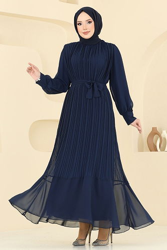 moda selvim فستان سهرة كحلي 2150MP806 - Thumbnail