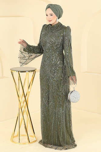moda selvim Evening Dress 216DMNK1166 Khaki - Thumbnail