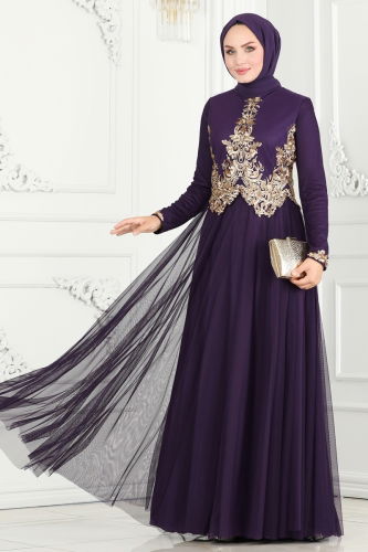 moda selvim Evening Dress 2209PN204 Purple - Thumbnail