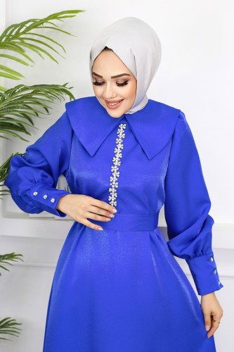 moda selvim فستان سهرة نيلي 221OFR845 - Thumbnail