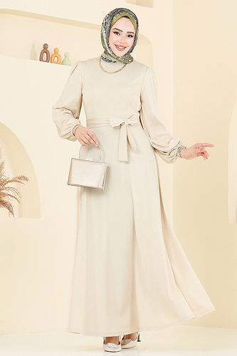 moda selvim فستان سهرة بيج 2310ANT466 - Thumbnail