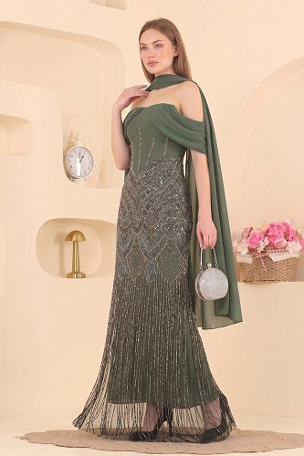 moda selvim Evening Dress 232DMNK1166 Khaki - Thumbnail