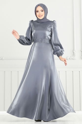 moda selvim فستان سهرة رمادي 2330ANT904-M - Thumbnail