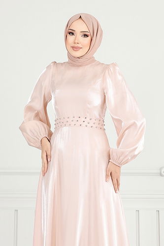 moda selvim فستان سهرة بيج وردي 2330ANT904-M - Thumbnail
