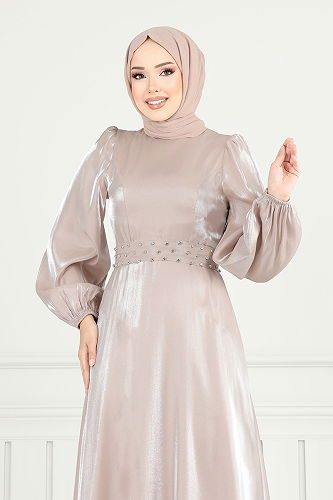 moda selvim فستان سهرة بيج 2330ANT904-M - Thumbnail