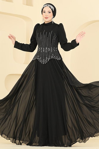 moda selvim Evening Dress 234DMNK1166 Black - Thumbnail
