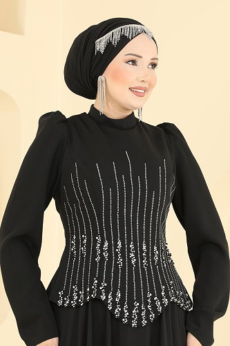 moda selvim Evening Dress 234DMNK1166 Black - Thumbnail