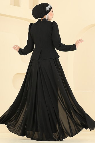 moda selvim فستان سهرة أسود 234DMNK1166 - Thumbnail