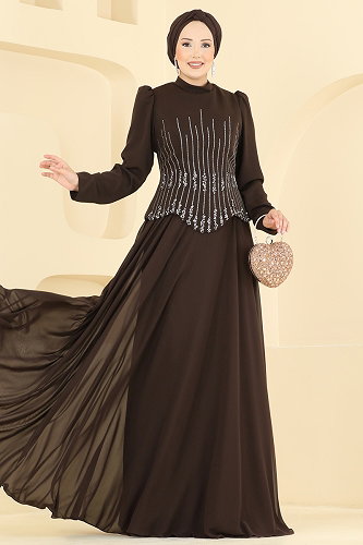 moda selvim Evening Dress 234DMNK1166 Brown - Thumbnail