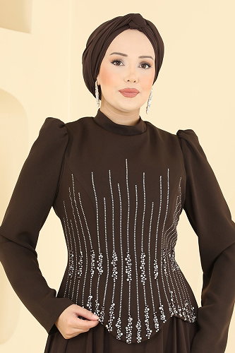 moda selvim Evening Dress 234DMNK1166 Brown - Thumbnail