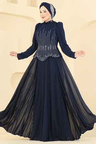 moda selvim فستان سهرة كحلي 234DMNK1166 - Thumbnail