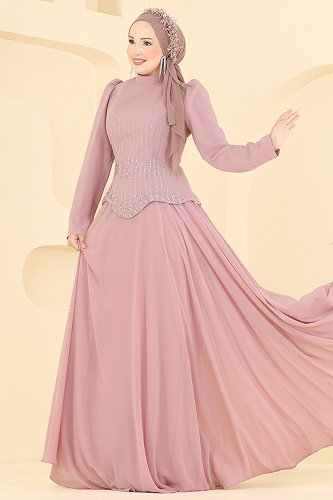 moda selvim فستان سهرة وردي 234DMNK1166 - Thumbnail