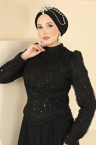 moda selvim فستان سهرة أسود 235DMNK1166 - Thumbnail