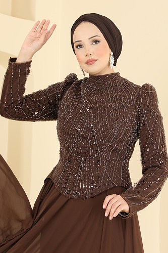 moda selvim Evening Dress 235DMNK1166 Brown - Thumbnail