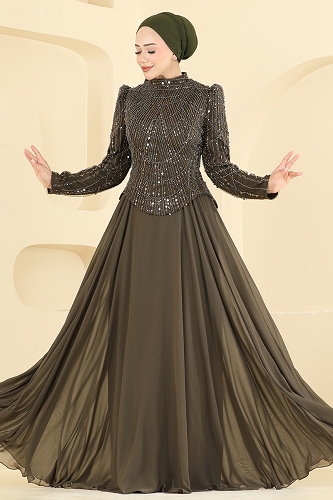 moda selvim Evening Dress 235DMNK1166 Dark Khaki - Thumbnail
