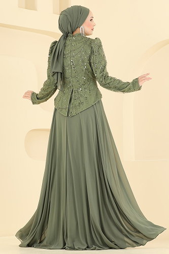 moda selvim Evening Dress 235DMNK1166 Khaki - Thumbnail