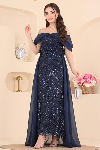 moda selvim فستان سهرة كحلي 236DMNK1166 - Thumbnail