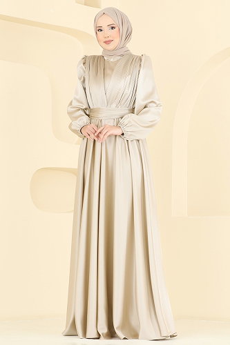 moda selvim فستان سهرة كريمي 2382ANT466 - Thumbnail