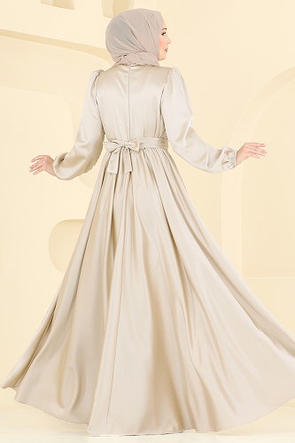 moda selvim فستان سهرة كريمي 2382ANT466 - Thumbnail