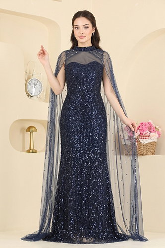 moda selvim Evening Dress 239DMNK1166 Navy Blue - Thumbnail