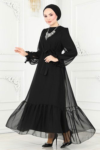 moda selvim Evening Dress 2401PN204 Black - Thumbnail