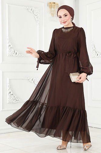 moda selvim Evening Dress 2401PN204 Brown - Thumbnail