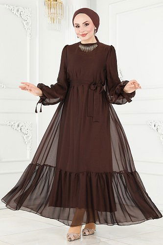 moda selvim Evening Dress 2401PN204 Brown - Thumbnail