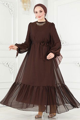 moda selvim فستان سهرة بني 2401PN204 - Thumbnail