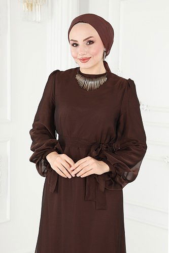 moda selvim فستان سهرة بني 2401PN204 - Thumbnail