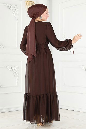 moda selvim فستان سهرة بني 2401PN204 - Thumbnail