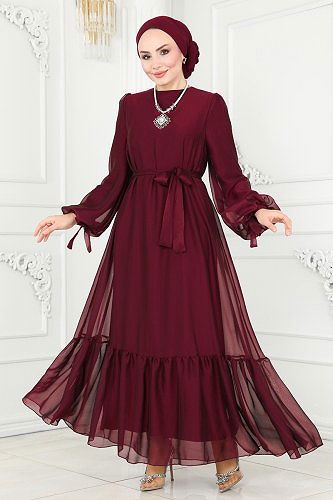 moda selvim Evening Dress 2401PN204 Burgundy - Thumbnail