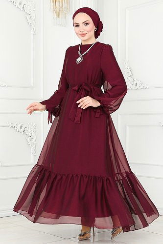 moda selvim Evening Dress 2401PN204 Burgundy - Thumbnail