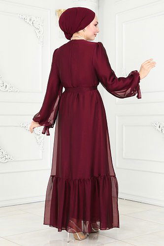 moda selvim Evening Dress 2401PN204 Burgundy - Thumbnail
