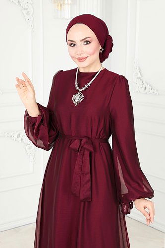 moda selvim فستان سهرة خمري 2401PN204 - Thumbnail