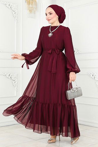 moda selvim فستان سهرة خمري 2401PN204 - Thumbnail